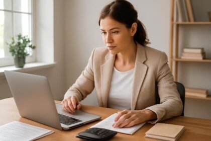 Üzletasszony laptopnál, vállalkozás indításával kapcsolatos tanulmányokat végez.