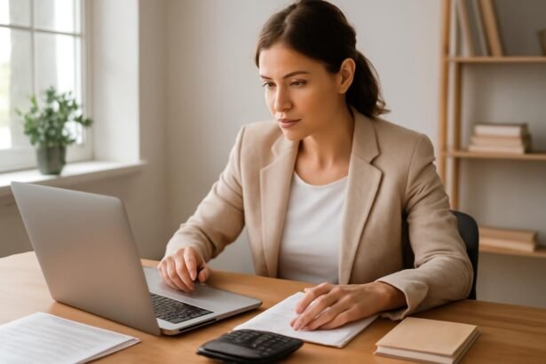 Üzletasszony laptopnál, vállalkozás indításával kapcsolatos tanulmányokat végez.