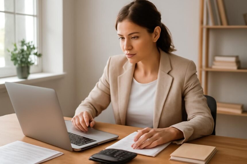 Üzletasszony laptopnál, vállalkozás indításával kapcsolatos tanulmányokat végez.