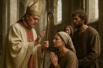 Középkori egyházi szertartás jelenete