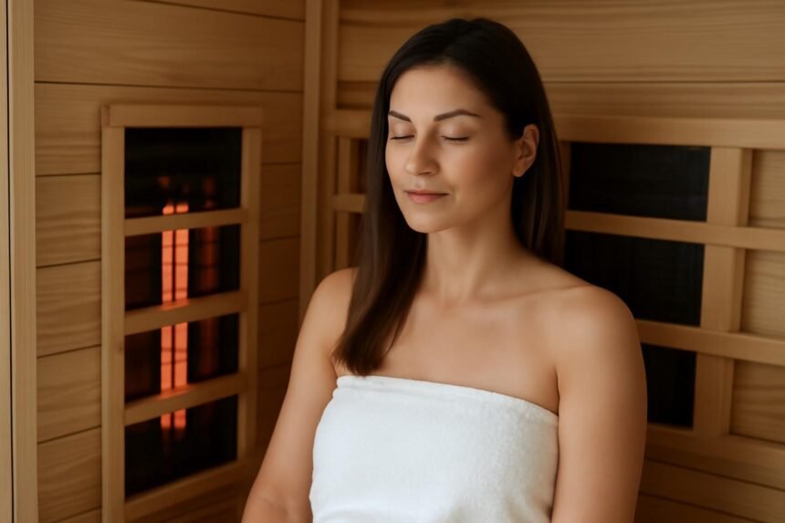 Nő infraszaunában relaxálva, szemét lehunyva, egészségmegőrzés céljából.