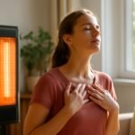 Nő relaxál infravörös fűtőtest mellett, egészségügyi előnyök.