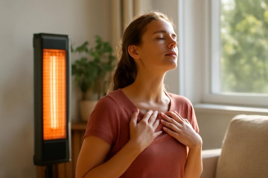 Nő relaxál infravörös fűtőtest mellett, egészségügyi előnyök.