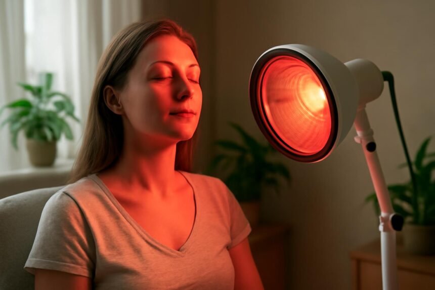 Nő relaxál infravörös lámpa alatt, egészségügyi előnyökkel.