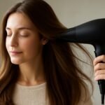 Egy nő ionizáló hajszárítóval szárítja a haját, tekintete nyugodt és elégedett.