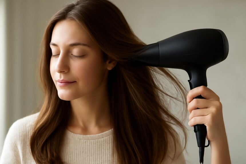 Egy nő ionizáló hajszárítóval szárítja a haját, tekintete nyugodt és elégedett.