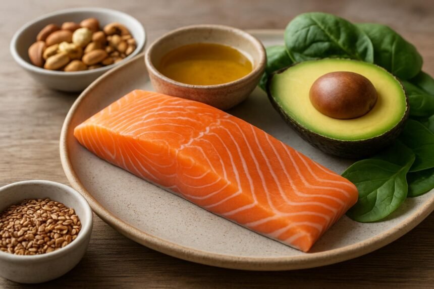 Friss lazac szelet, avokádó, spenót és olívaolaj az egészséges táplálkozásért