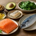 Olajos halak és egészséges táplálkozás: lazac, makréla és zöldségek.