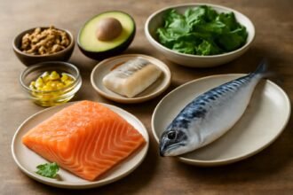 Olajos halak és egészséges táplálkozás: lazac, makréla és zöldségek.