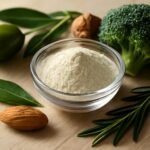 Oleanolsav és egészséges összetevők: brokkoli, mandula és fűszernövények.