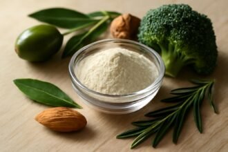 Oleanolsav és egészséges összetevők: brokkoli, mandula és fűszernövények.