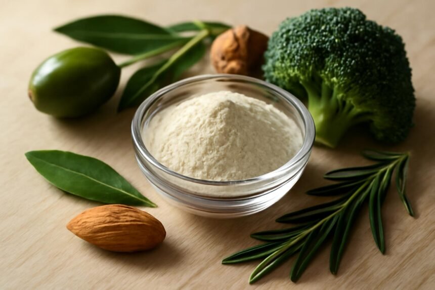 Oleanolsav és egészséges összetevők: brokkoli, mandula és fűszernövények.