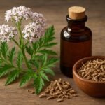 Orvosi macskagyökér növény, tinktúra és gyökérdarabok