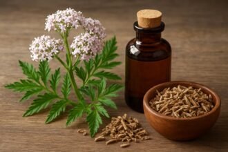 Orvosi macskagyökér növény, tinktúra és gyökérdarabok