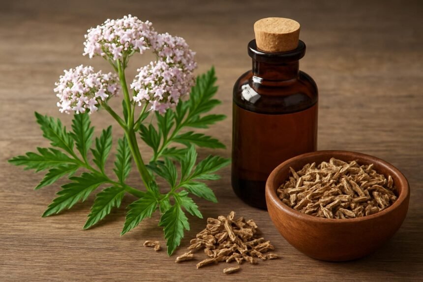 Orvosi macskagyökér növény, tinktúra és gyökérdarabok