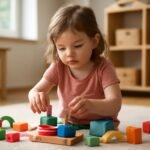 Egy kisgyermek építőjátékokkal játszik óvodai környezetben.