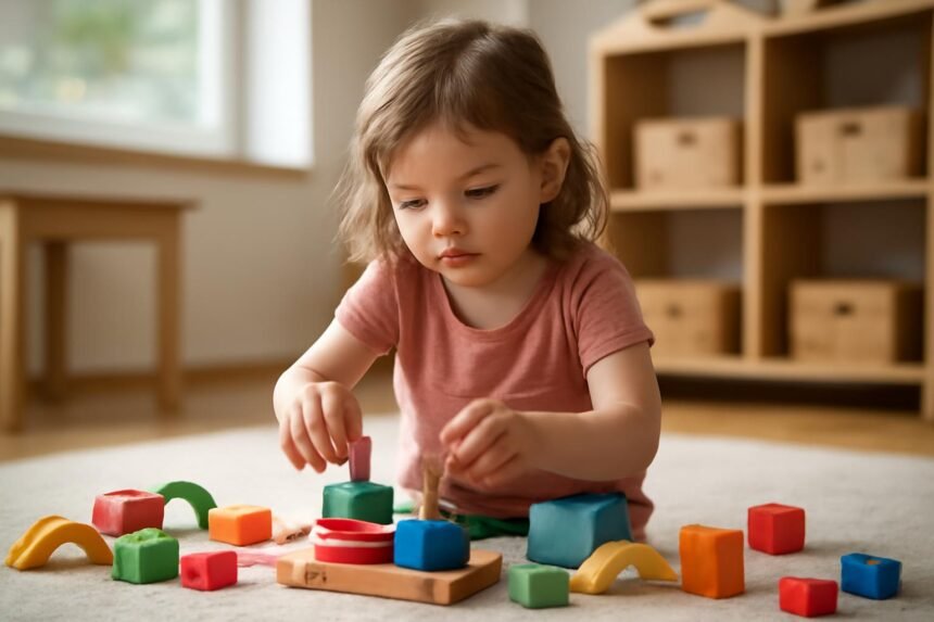 Egy kisgyermek építőjátékokkal játszik óvodai környezetben.