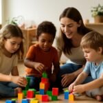 Óvodás gyerekek közös játéka színes építőelemekkel.