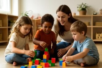 Óvodás gyerekek közös játéka színes építőelemekkel.