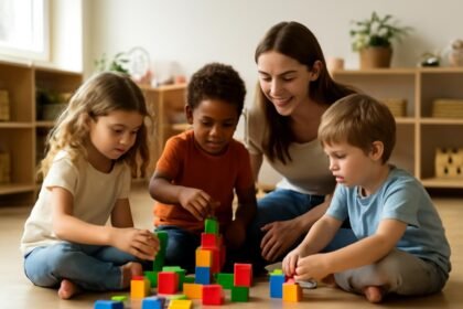 Óvodás gyerekek közös játéka színes építőelemekkel.