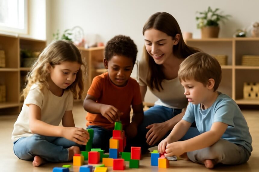 Óvodás gyerekek közös játéka színes építőelemekkel.