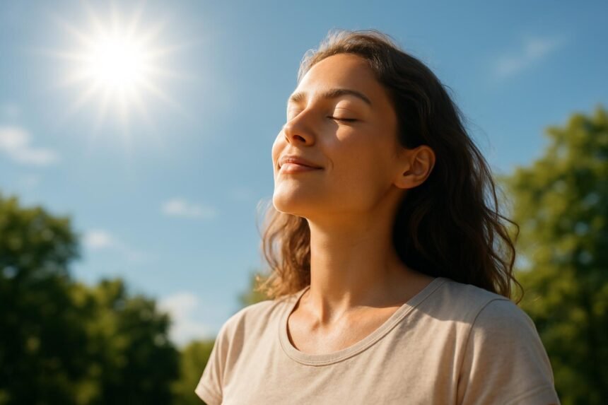 Nő élvezi a napfényt a természetben, békés pillanatokban.