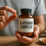 B-vitamin komplex kapszula kézben, vitamin üveg háttérben