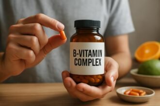 B-vitamin komplex kapszula kézben, vitamin üveg háttérben