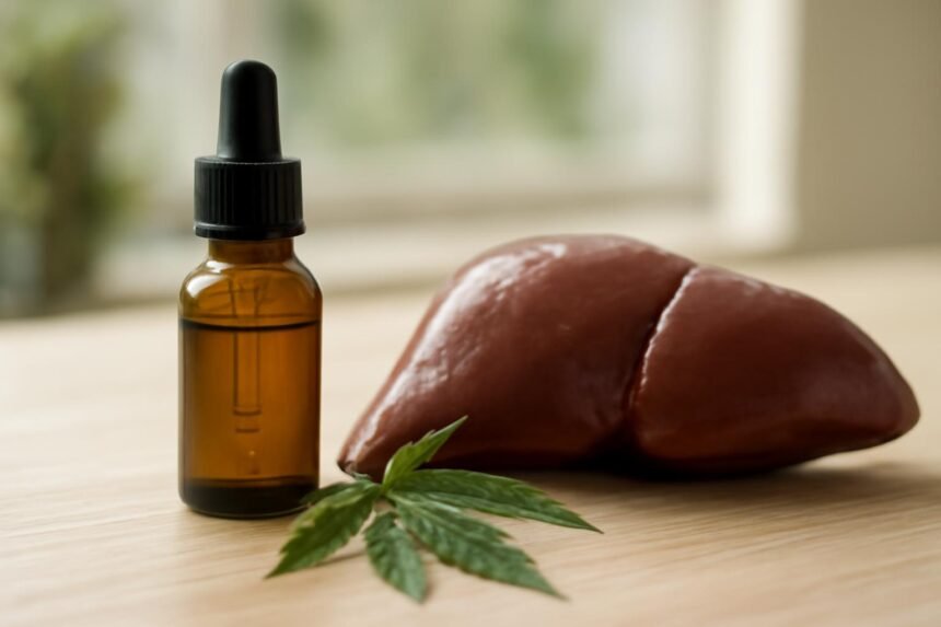 CBD olaj, máj és kannabisz levél egy asztalon.