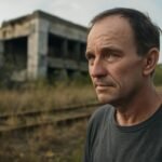 Férfi a csernobili katasztrófa területén, romos épület hátterében.