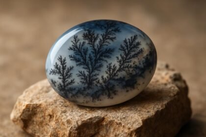 Dendrites achát egy sima kőből készült felületen.