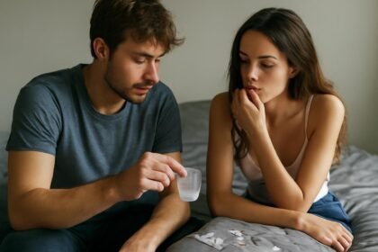 Fiatal pár, aki beszél a drogok és a szexuális élmények kapcsolatáról.