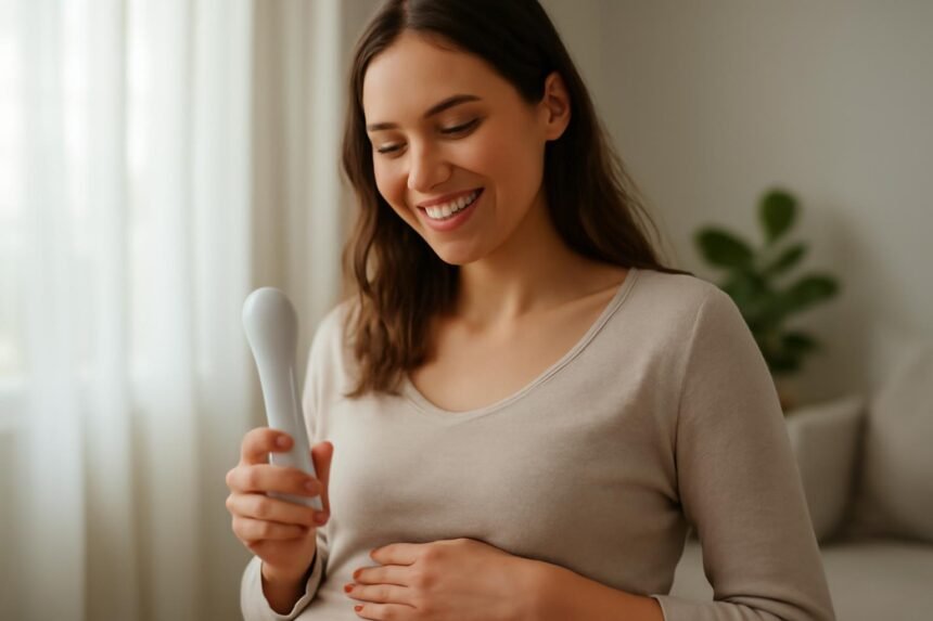 Nő a VIO készüléket használva, mosolyogva