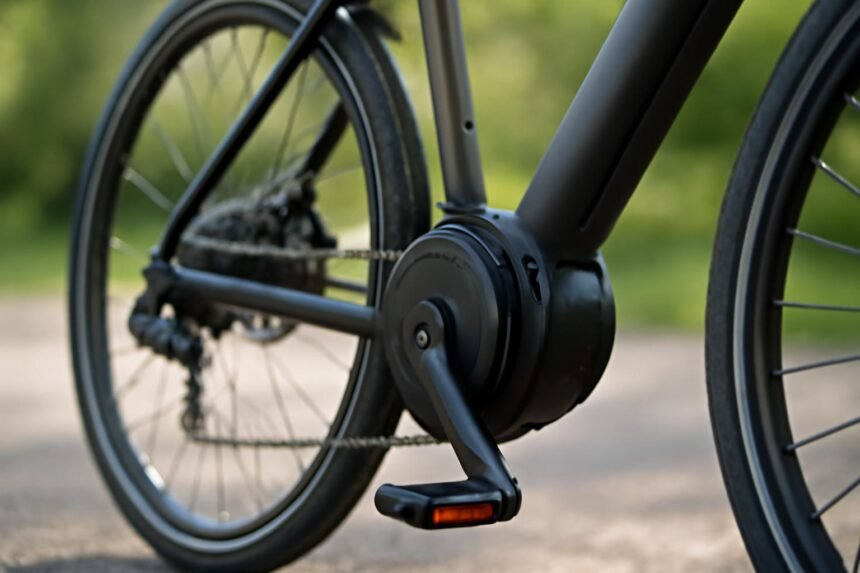 Elektromos kerékpármotor részlete, pedál és kerék közelről