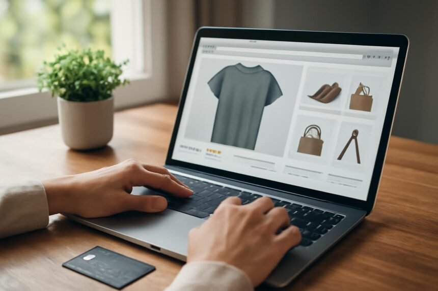 Webshop böngészése laptopon, online vásárlás népszerű termékekkel