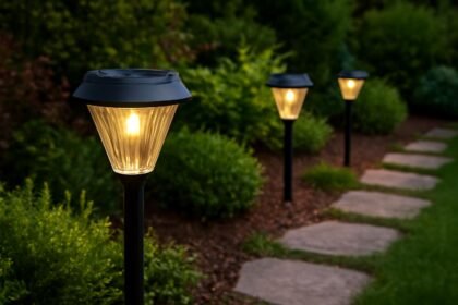 Napelemes kerti lámpák világítanak egy gyönyörű kertben