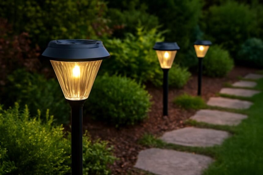 Napelemes kerti lámpák világítanak egy gyönyörű kertben