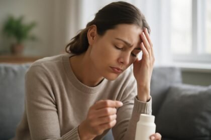 Fáradt nő, aki a Magne B6 táplálékkiegészítőt tartja a kezében.