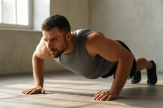 Férfi fekvőtámasz gyakorlatot végez edzőteremben