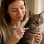Egy nő kedvenc macskáján alkalmazza a Frontline Combo kezelést