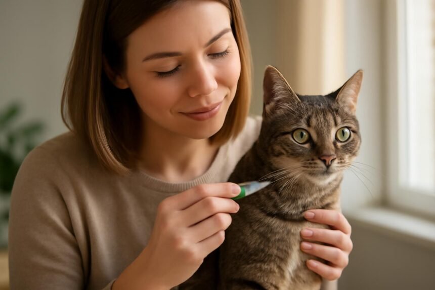 Egy nő kedvenc macskáján alkalmazza a Frontline Combo kezelést