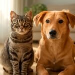 Kutyák és macskák együtt, otthon, napfényben.