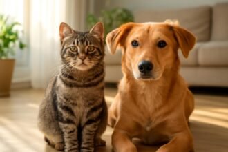 Kutyák és macskák együtt, otthon, napfényben.