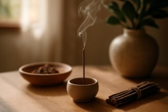 Füstölő áll egy asztalon, mely stresszoldó hatással bír.