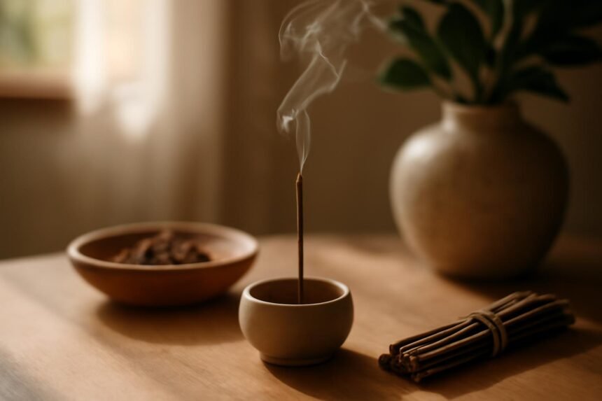Füstölő áll egy asztalon, mely stresszoldó hatással bír.