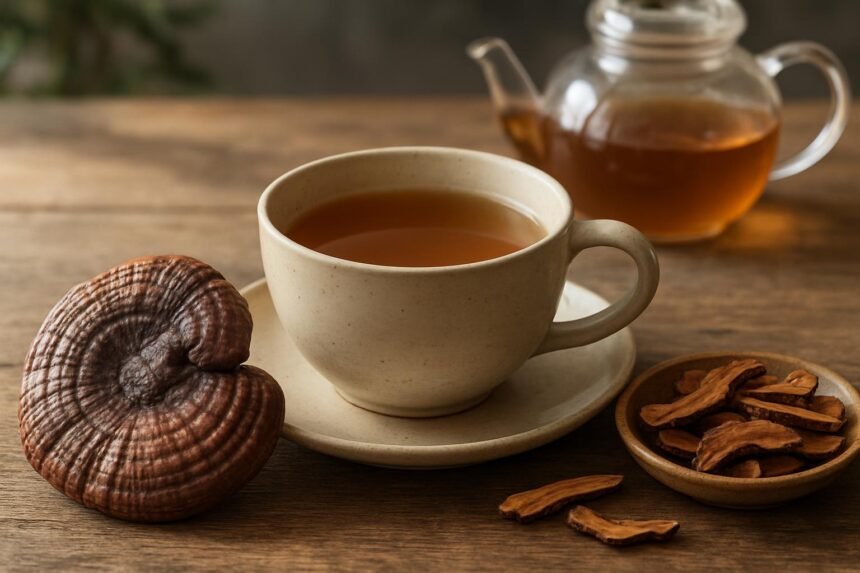 Ganoderma tea with mushrooms and herbs on wooden table