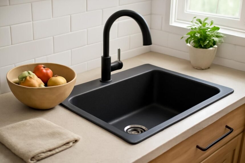 Modern gránit mosogató és zöldséggel teli tál