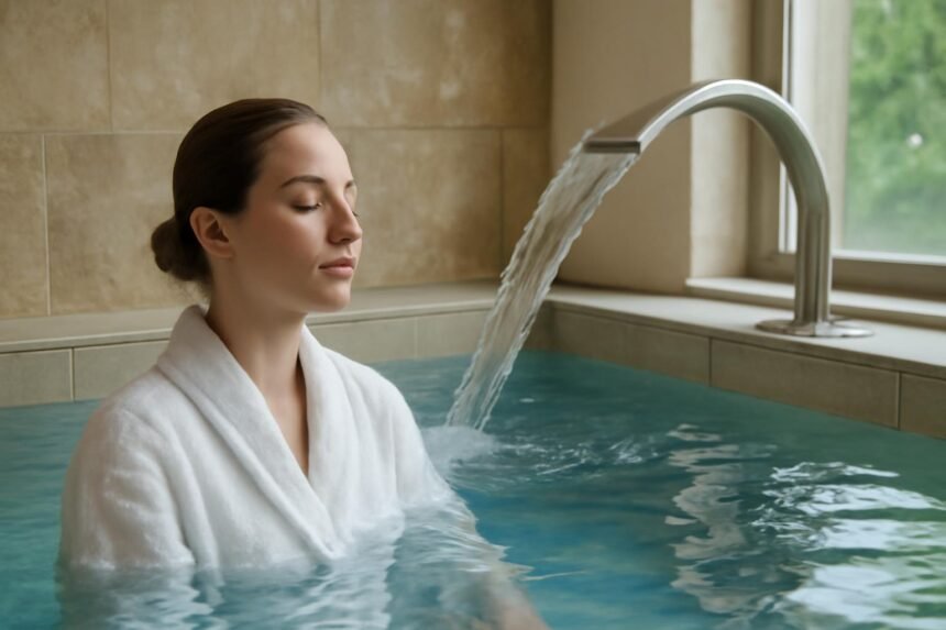 Nő relaxál Harkány gyógyvizével teli fürdőben