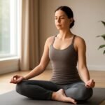 Hatha jóga gyakorló nő meditáló pózban otthon