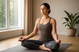 Hatha jóga gyakorló nő meditáló pózban otthon